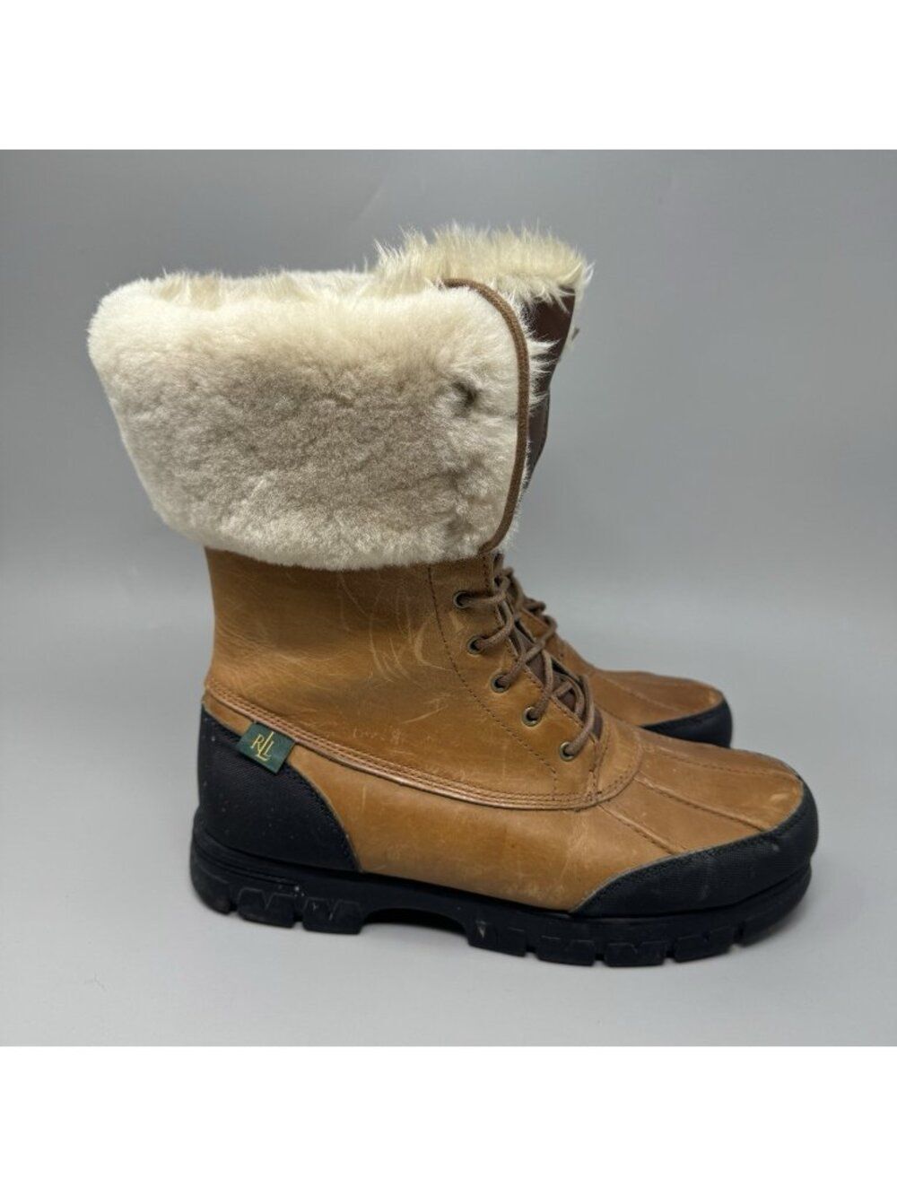 Ralph Lauren Womens 9B Quinta Leather Winter Boots Real Fur Trim Leather Brown